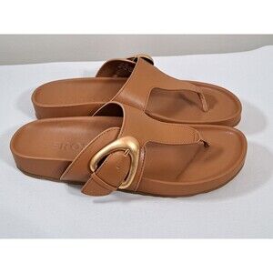 AEROSOLES Tan Slip-On Thong Sandals with Gold Buckle